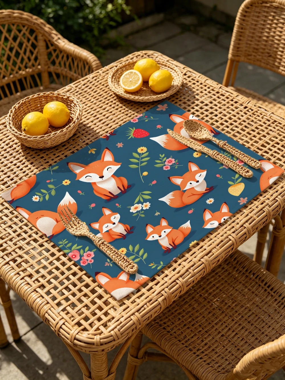 Printed Placemats for Dining Table Kitchen Holiday Parties Cute Foxes On Blue Background