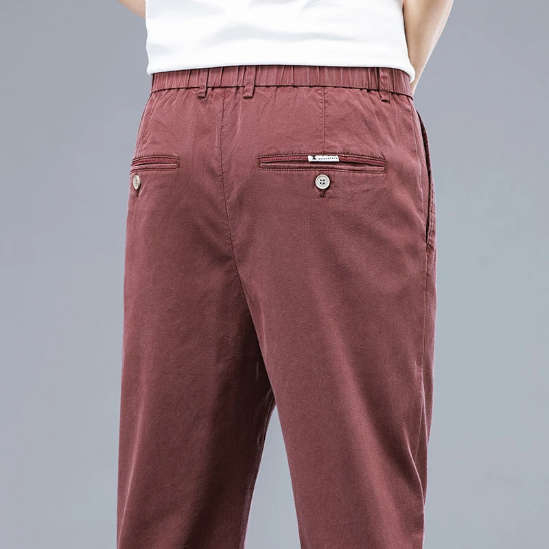 New Summer Lyocell Fabric Casual Pants Men Thin Slim Elastic Waist Soft Cosy Korea Jogger Work Wine Red Male Trousers