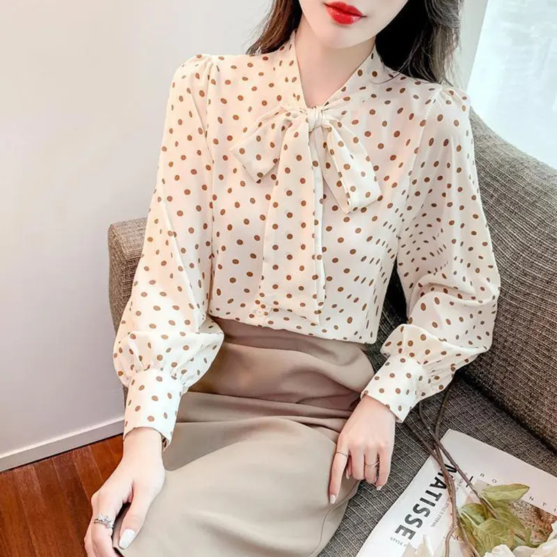 Women\'s Polka Dot Ribbon Shirt, Long Sleeve Tops, Korean Casual, All-Match, Loose, Simplicity, Spring, New Style Fashion