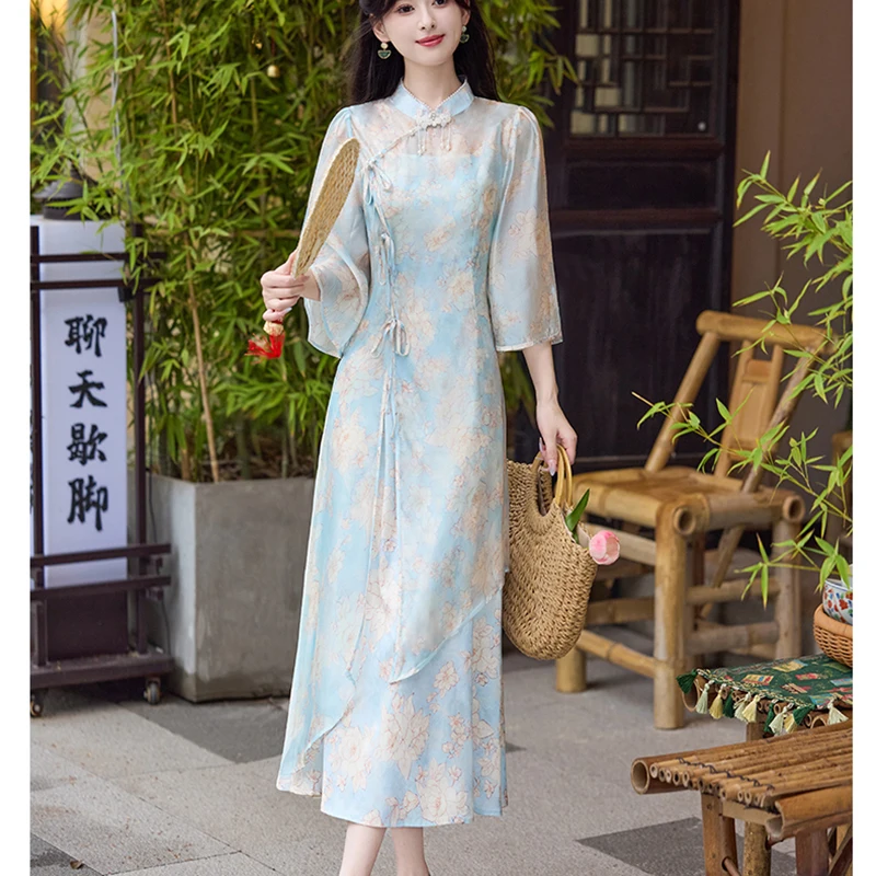 

Improved Qipao For Women 2025New Summer Chinese Style Blue Floral Two-Piece Skirt Short Sleeve Cheongsam Youth Girls Party Dress