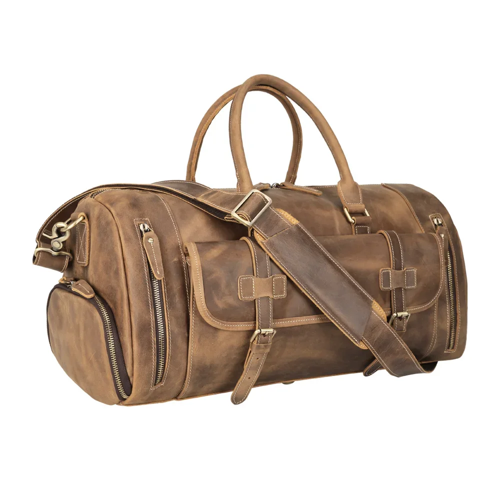 High Quality Hot Selling Brown Full Grain Genuine Leather Travel Duffel Real  Duffle Bag With Shoe Compartment