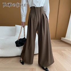 TWOTWINSTYLE Solid Patchwork Lace Up Wide Leg Pants For Women High Waist Spliced Folds Designer Full Length Trouser Female New
