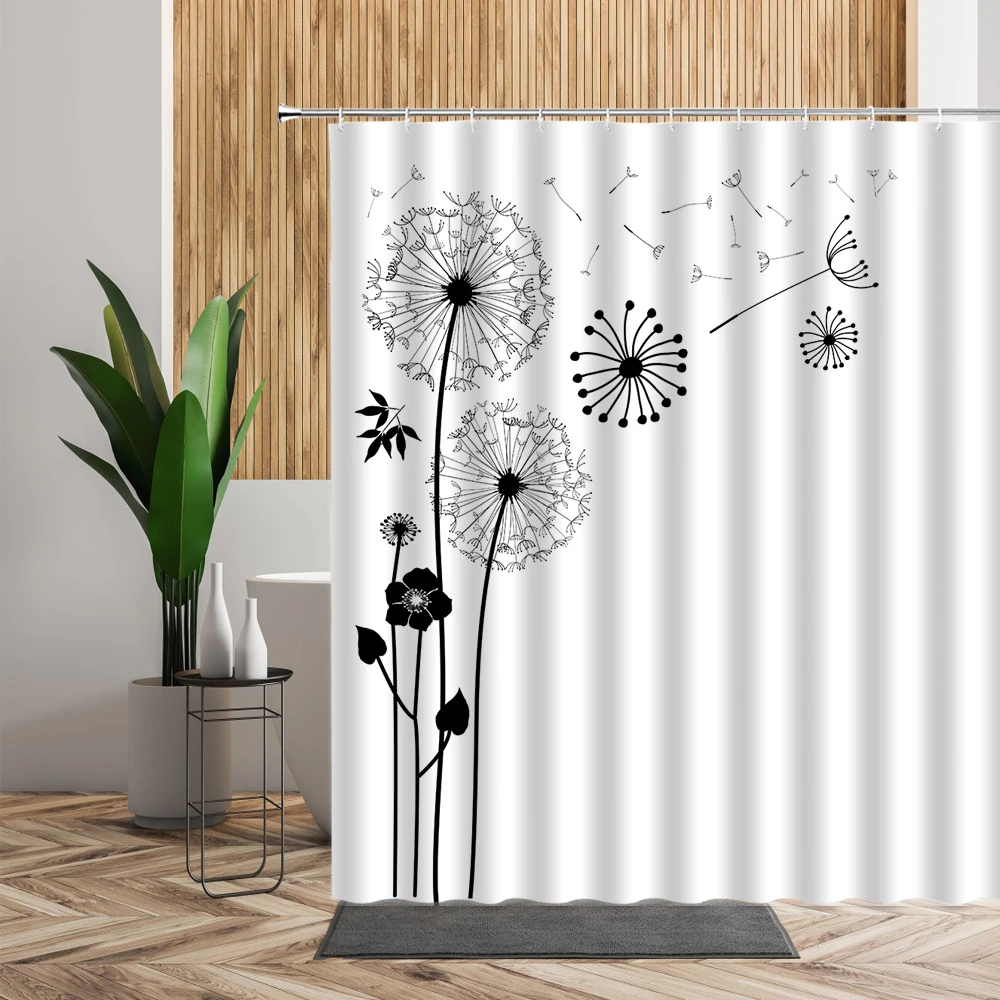 Black And White Shower Curtains Plants Flowers Dandelion Print Fabric Bathroom Decoration Sets Waterproof Home Bathing Curtain