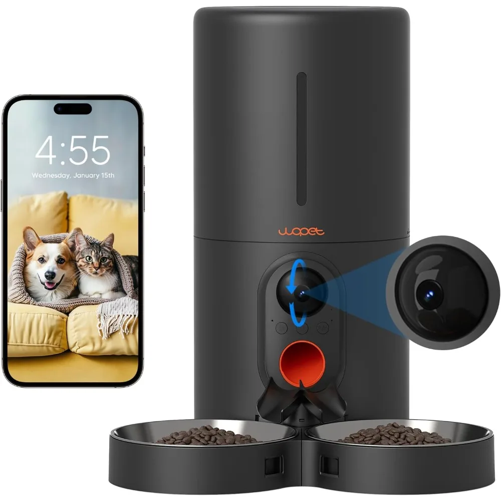 Automatic Cat Feeder with Camera for Two Cats, 6L Automatic Dog Feeder with HD Video and Night Vision, 5G/2.4G WiFi Pet Feeder