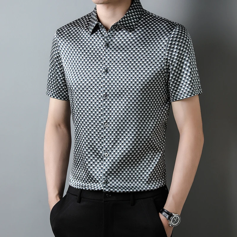 Business Casual Premium Real Silk Men Shirt Short Sleeve Fashion Summer Quality Soft Comfortable Gentleman Classic Chemise Homme