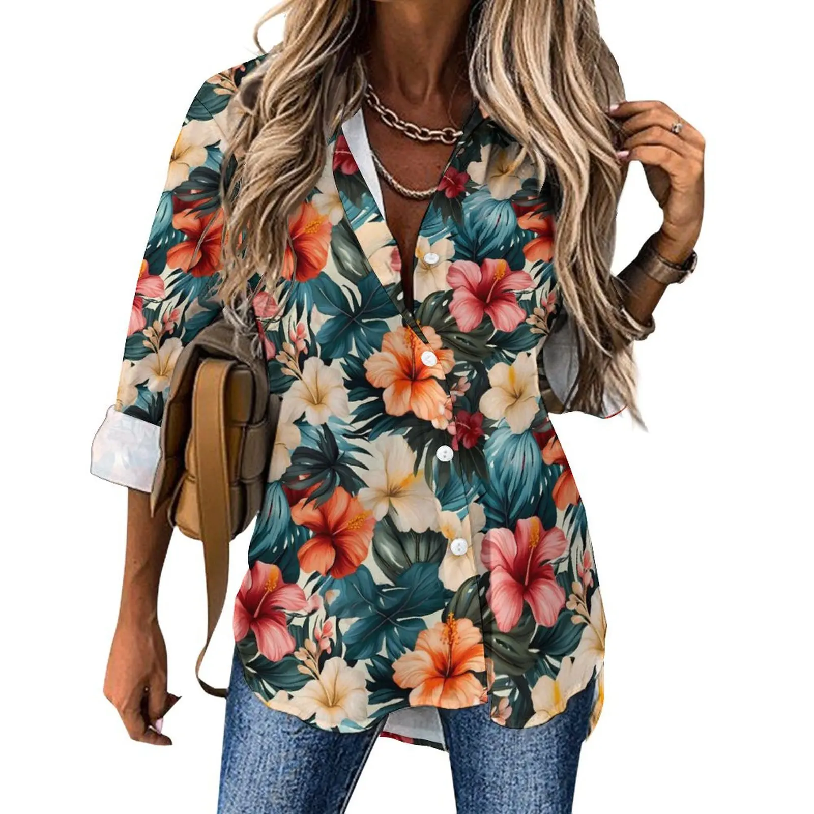 Tropical Flower Casual Blouse Long-Sleeve Vintage Print Vintage Blouses Women Korean Fashion Oversized Shirt Graphic Top Gift