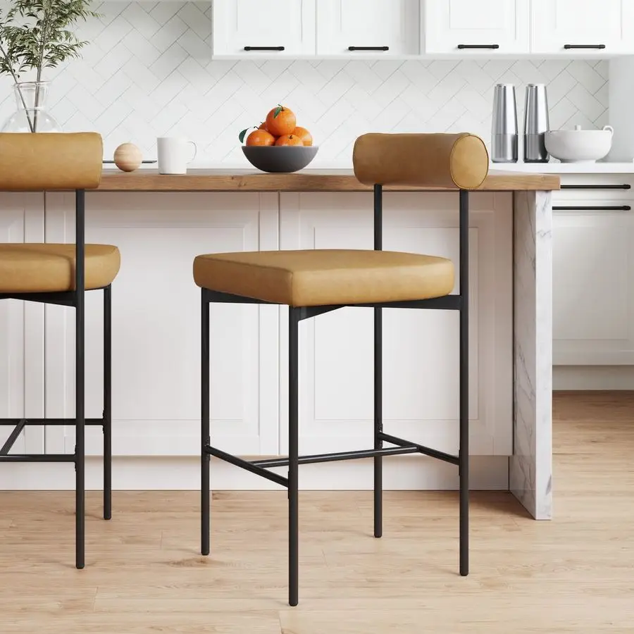 

Dahlia Counter Height Chair, Modern Barstool with Back, MidCentury Metal Legs and Leather Padded Cushion for Kitchen, Island an