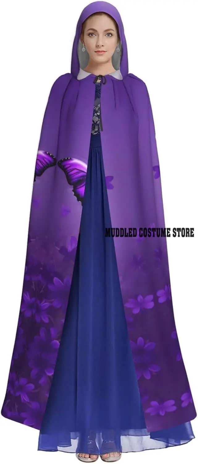 عباءة بقلنسوة على شكل فراشات أرجوانية جميلة للبالغين مع زي رداء رأس ساحرة لعيد الهالوين #2