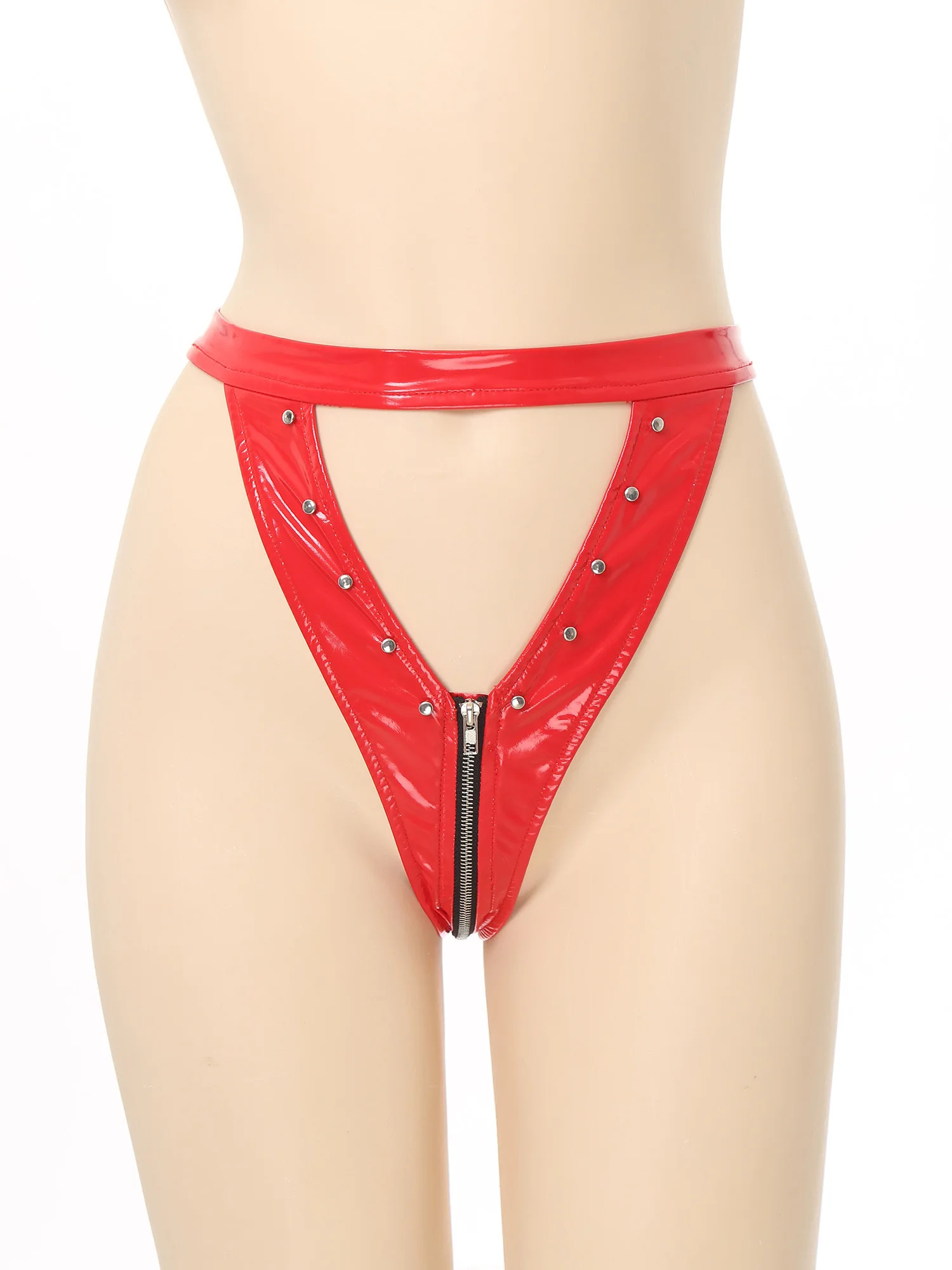 

Women Patent Leather Cut Out Thongs Wet Look Rivets Underwear Hollow Out Briefs Zipper Open Crotch Panties Sexy Nightclub Wear