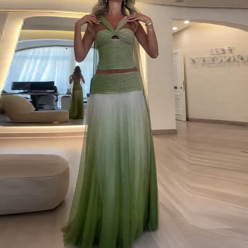 Nice Fashion Gradient Off Shoulder Women's Outfits Leisure Backless Holiday Set New Summer Sleeveless Top + Pleated Skirt Party