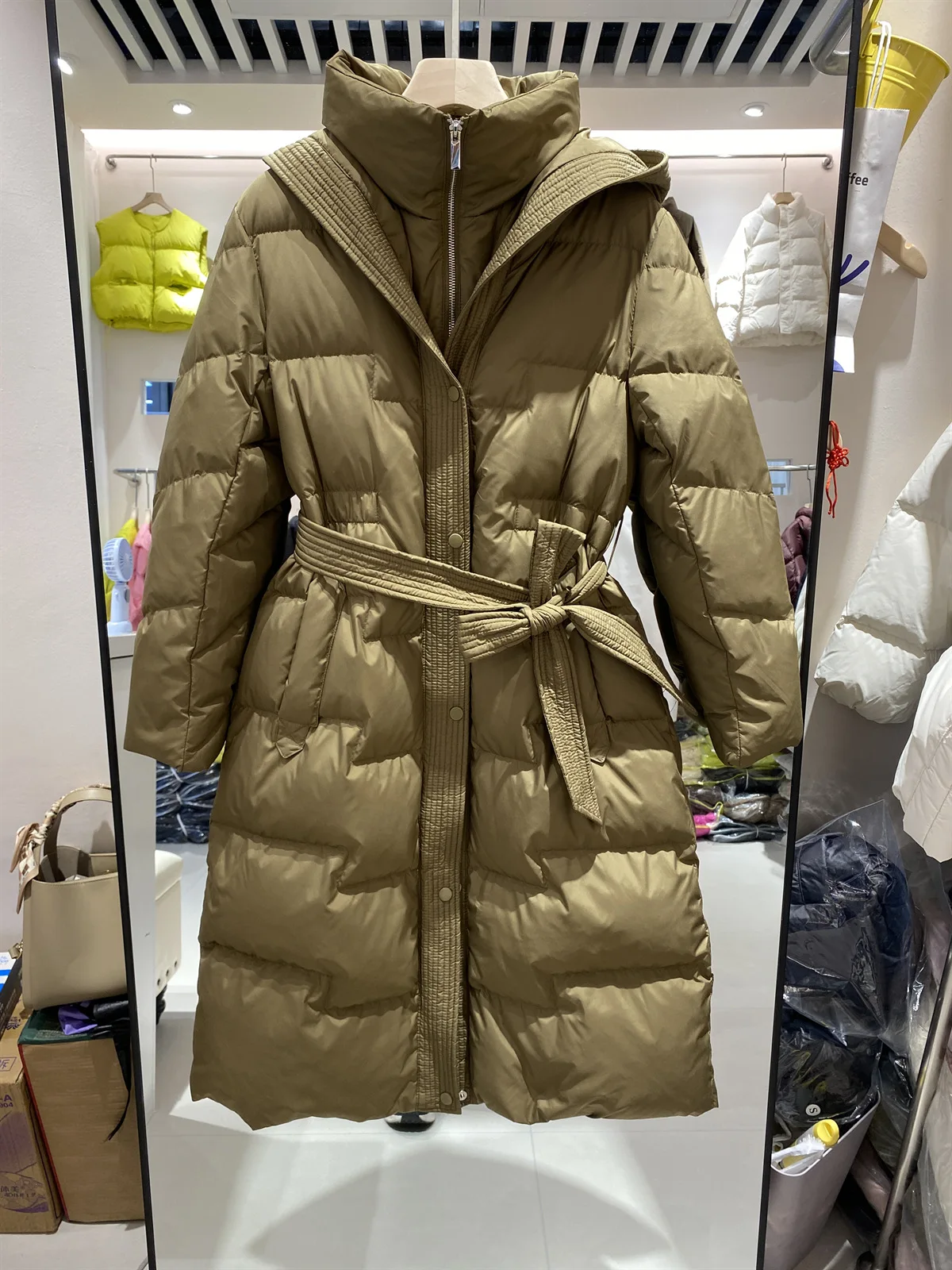 Winter Women with Belt Knee Over Thick Down Jacket 90White Duck Down Coat Lady Hooded Zipper Long Outwear Casual Warm Solid Coat