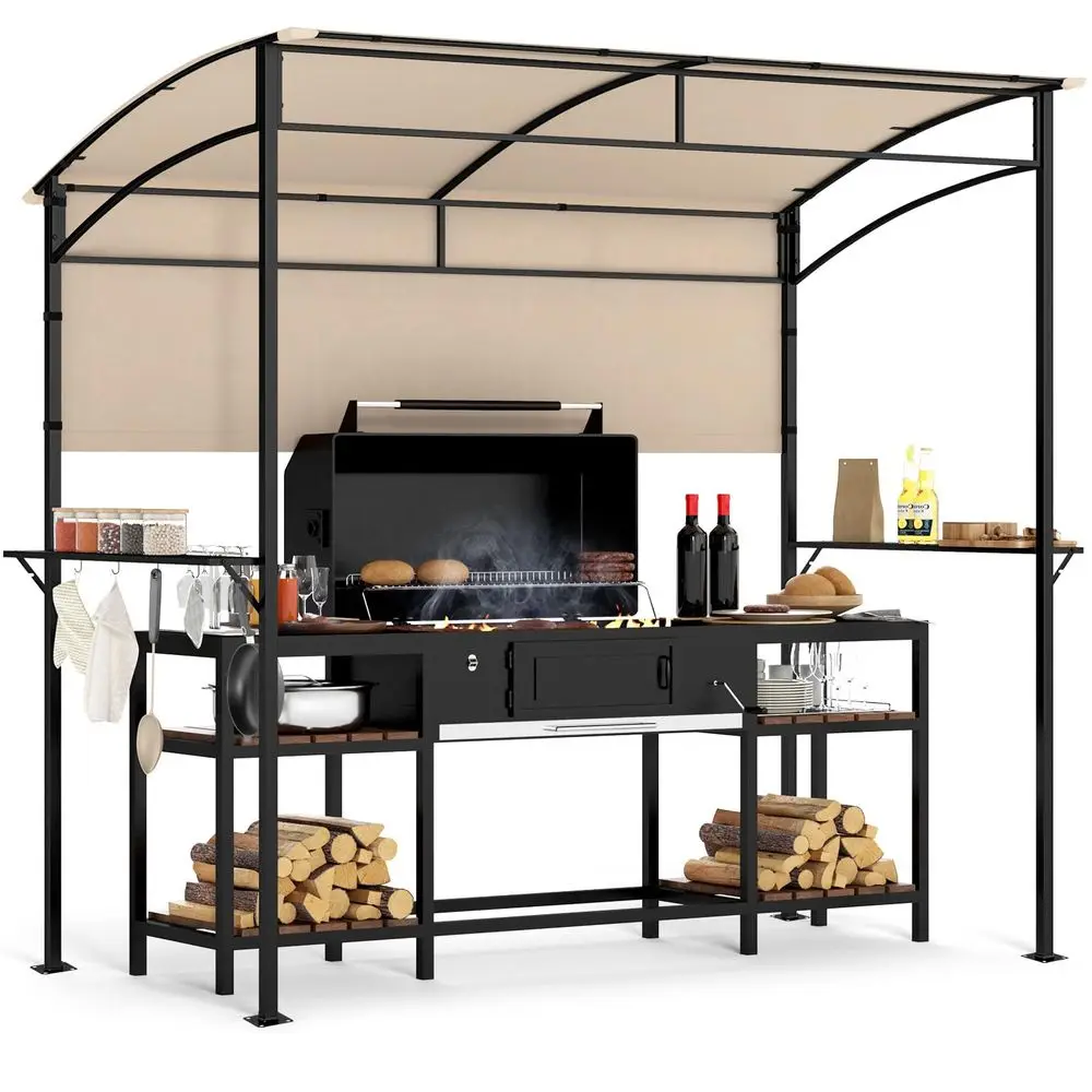 7.8 x 4.4 FT Grill Gazebo, CPAI84 Certificated Outdoor BBQ Canopy with 2 Metal Shelves, 5 Hooks, 4 Bottle Openers, Patio Grill C