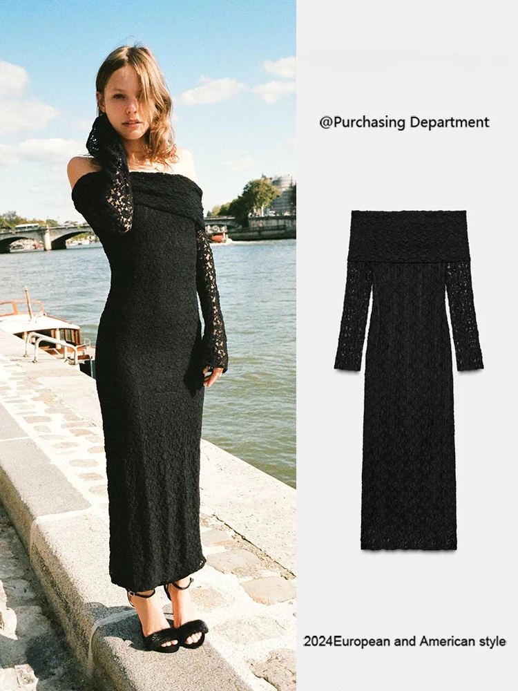 

Fashionable Sexy Shoulder Bared Lace Wrap Dress New Arrival Autumn ZA2025 Women's Clothing Ethnic Stage Costume Tunic Dress