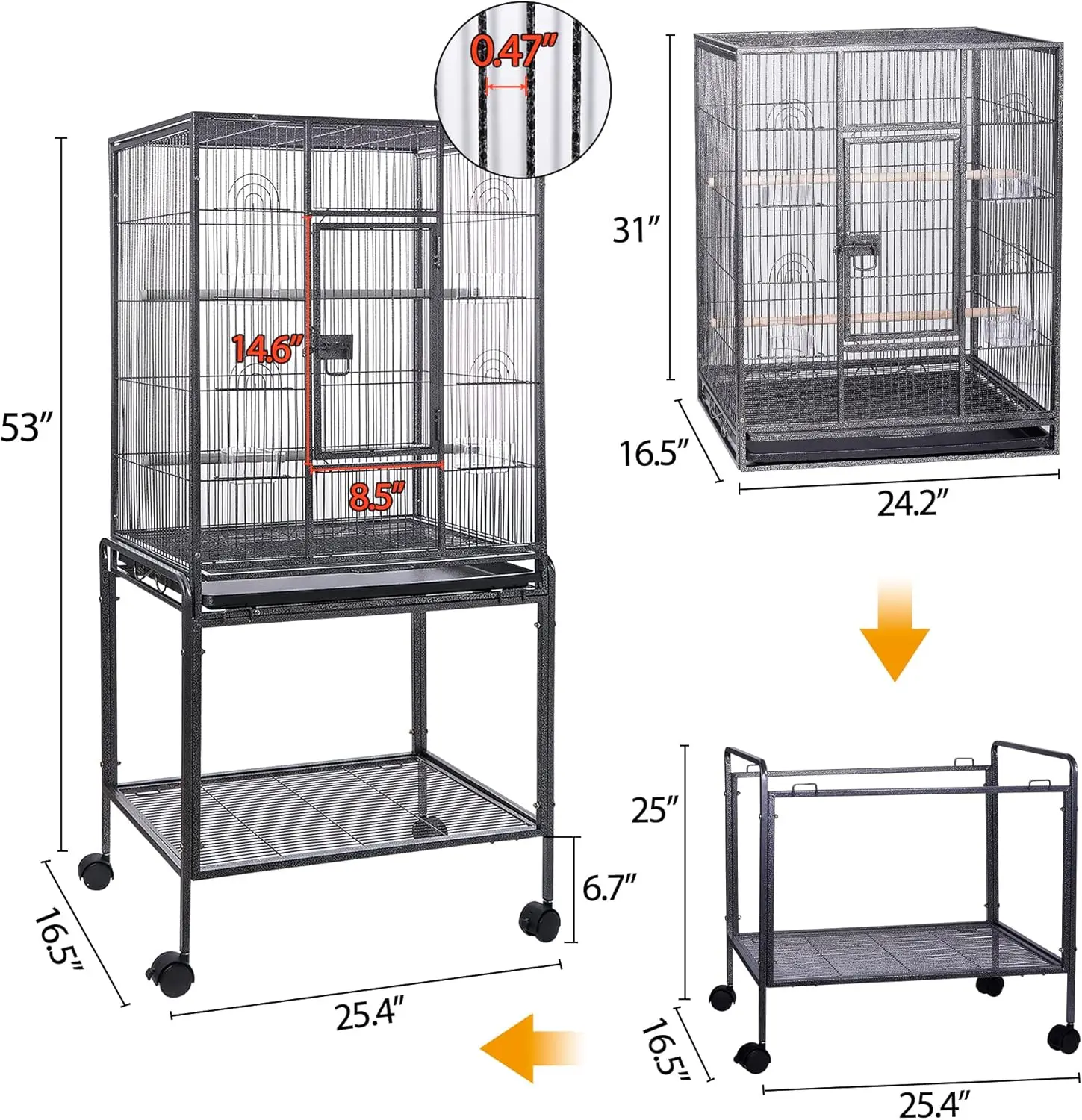 HSM 53 Inch Wrought Iron Large Bird Flight Cage with Rolling Stand for African Grey Parrot Cockatiel Sun Parakeet Conure