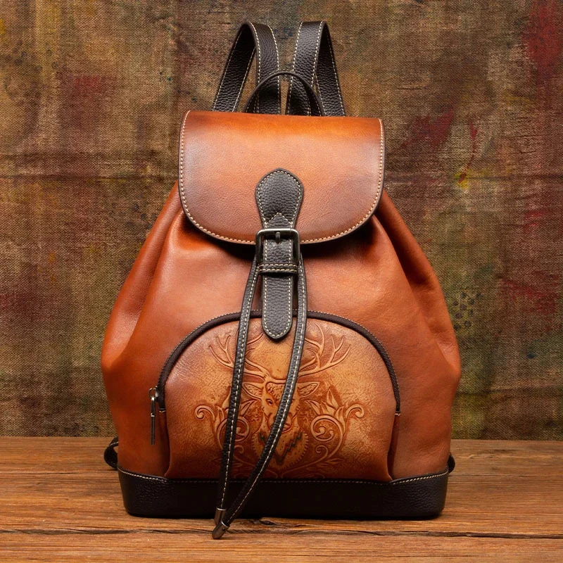 Newsbirds Leather Backpack Real Cowhide Vintage Style Women Bagpack Female Ladies Day Pack Womans Travel Bag