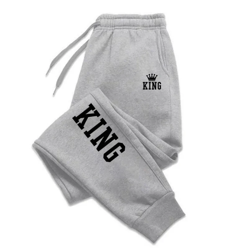 King Print Running Pants Mens Spring Autumn Drawstring Pants Street Style Sports Pants Fitness Solid Sweatpants