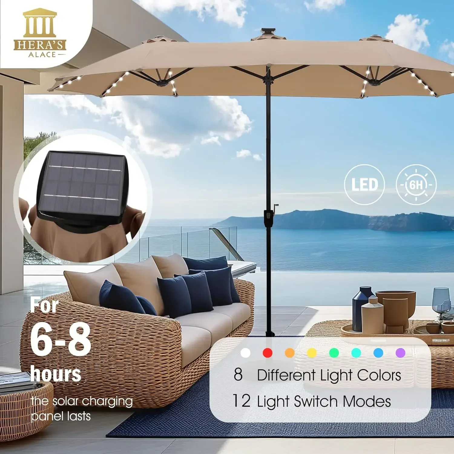 

Зонт для патио HERA'S PALACE 13 футов с 120 светодиодными солнечными лампами, двусторонний уличный зонт для патио, 8 изменяющихся цветов, с подставкой