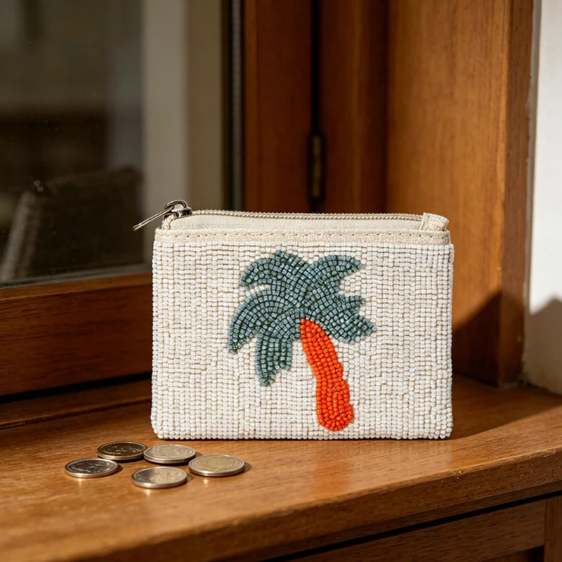 Bohemian Banana Palm Tree Coin Purse Mini Embroidery Beaded Zipper Wallet Handmade Ethnic Craft Small Bag Portable Travel Pouch