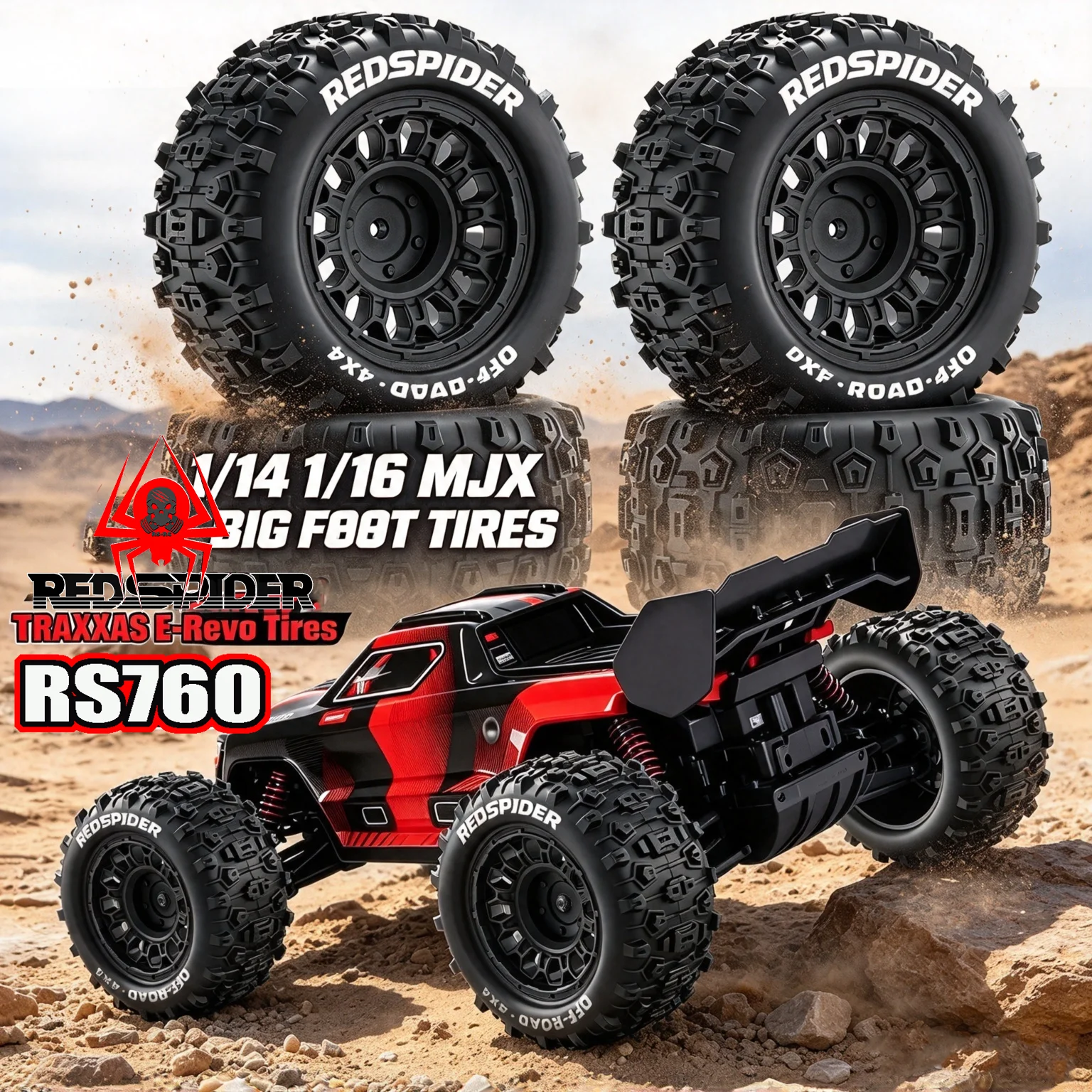 RED SPIDER 4Pcs 1/14 1/16 Scale 90mm RC Monster Truck Wheel Tires for Wltoys Off-road RC Car Accessories