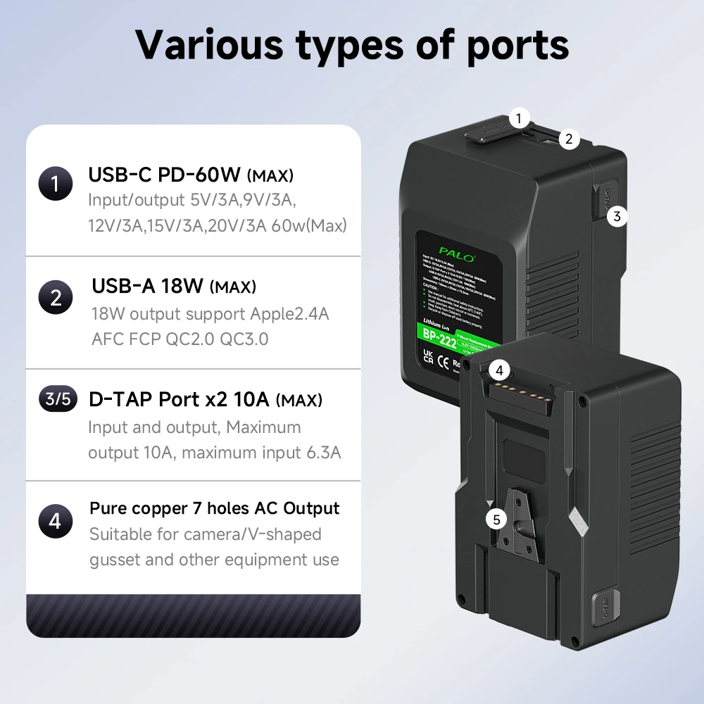 PALO 15000mAh V Mount V-Lock Batería BP-222Wh V Lock Batería para cámara Sony Blackmagic URSA teléfonos inteligentes portátiles