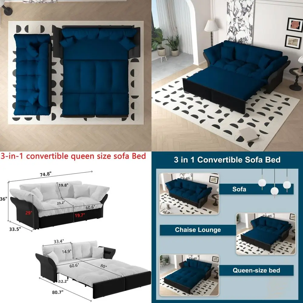 

Большой велюровый диван-шезлонг с раскладным спальным местом (размер Queen) и подушками с декоративной стежкой