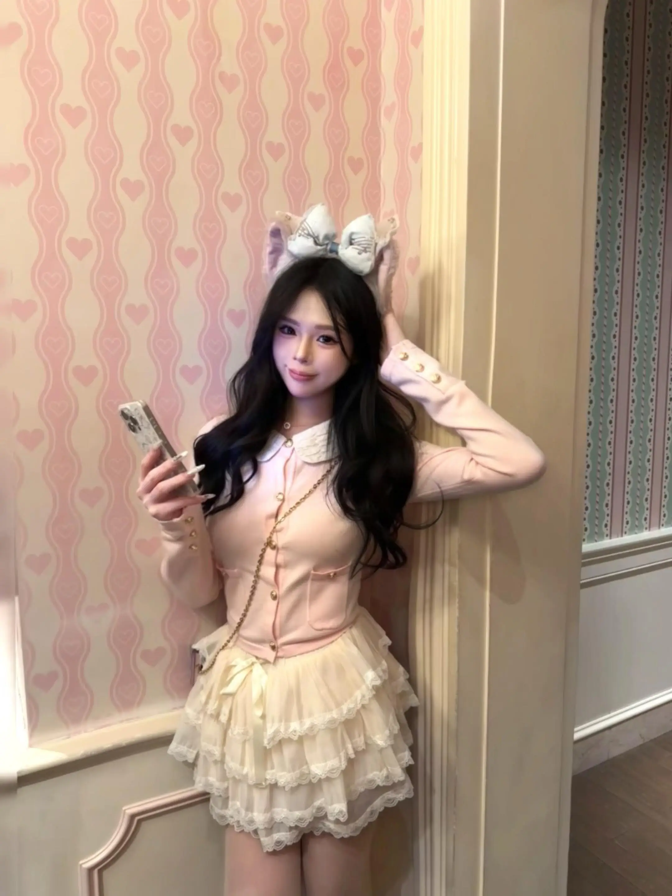 

Pink Detachable Doll Collar Knitted Cardigan Outerwear Early Autumn Top Princ Sle Faion Set Women's Long Sve