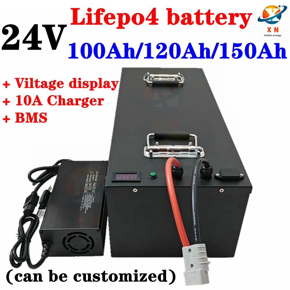 Lifepo4 24v 100ah 120ah 130ah 150ah battery with 100A BMS for electric fishing boat solar panel 24V 2000W inverter +10A Charger