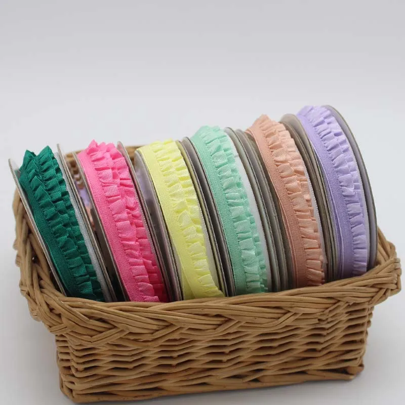 5yards 1cm Pleated Stretch Lace Trim Ribbon Ruffled Elastic Band Headdress Gift Box Bow Decorative DIY Craft Supplies