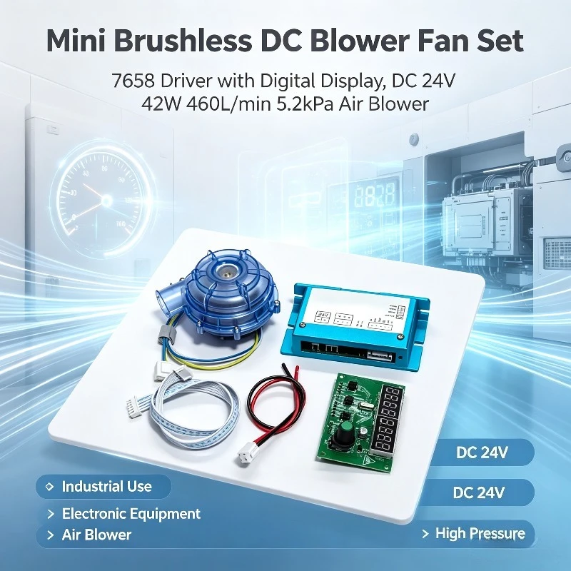 Mini Brushless DC Blower Fan Set, 7658 Driver with Digital Display, DC 24V 42W 460L/min 5.2kPa Air Blower