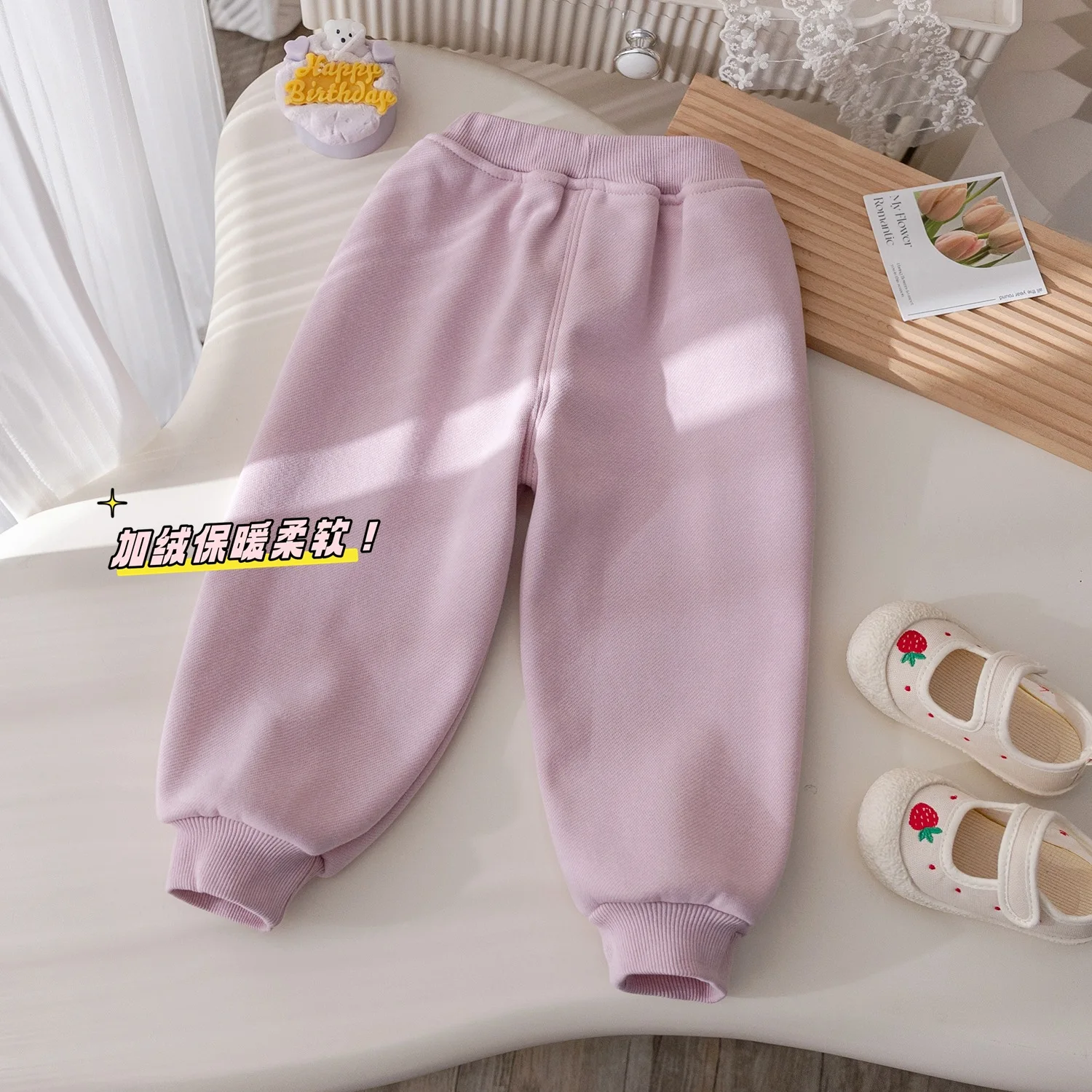 Korean Autumn Winter Baby Girls Pants Plush Casual Bow Thick Kids Girls Sweatpants Solid Warm Versatile Children Girls Pants