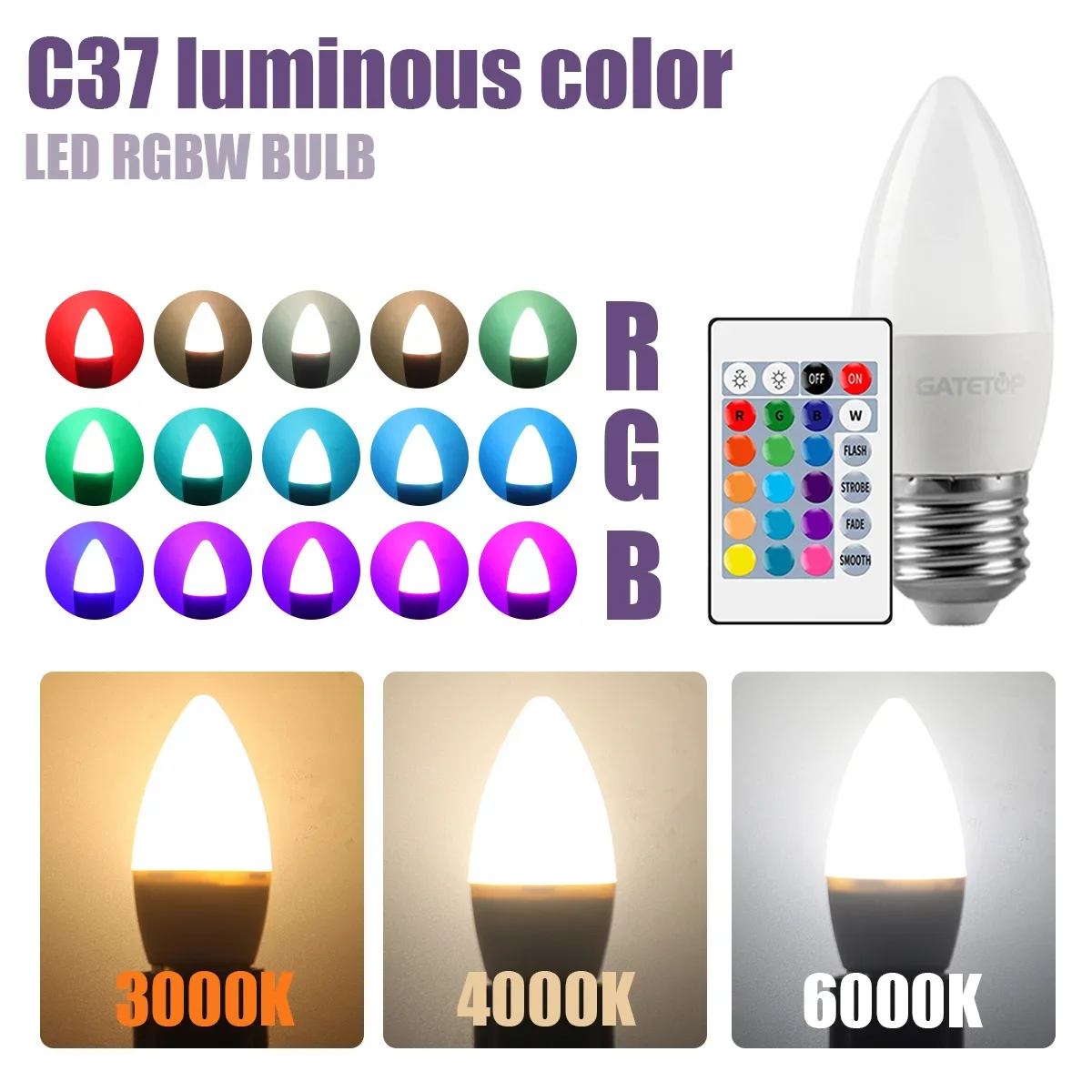 1-10PCS C37 Candle LED Bulb RGB 6W 24 Key Remote Control Dimmable E14 AC100-240V Colorful Change for Bedroom Living Room Lamp