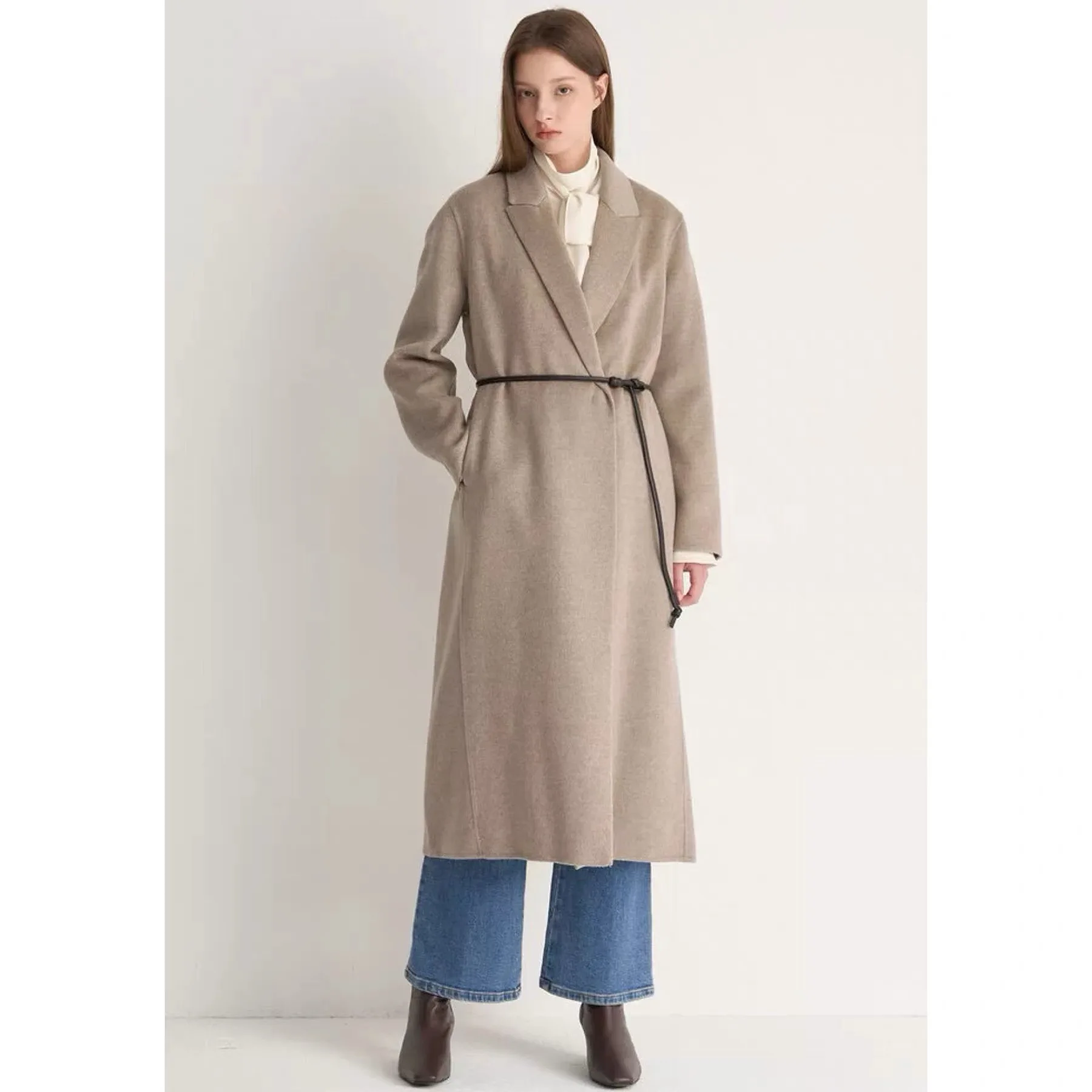 

Двустороннее шерстяное пальто ручной работы с поясом, осень-зима, модный костюм с воротником, прямые брюки, чистый цвет