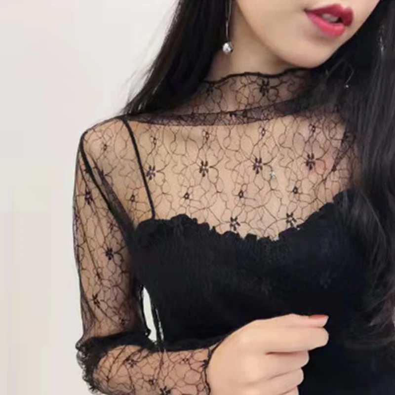 Summer Women Lace Floral Mesh Blouses Shirt Ladies Tops Sexy Blouses Transparent Elegant See-through Black Shirt Basic Top 2022