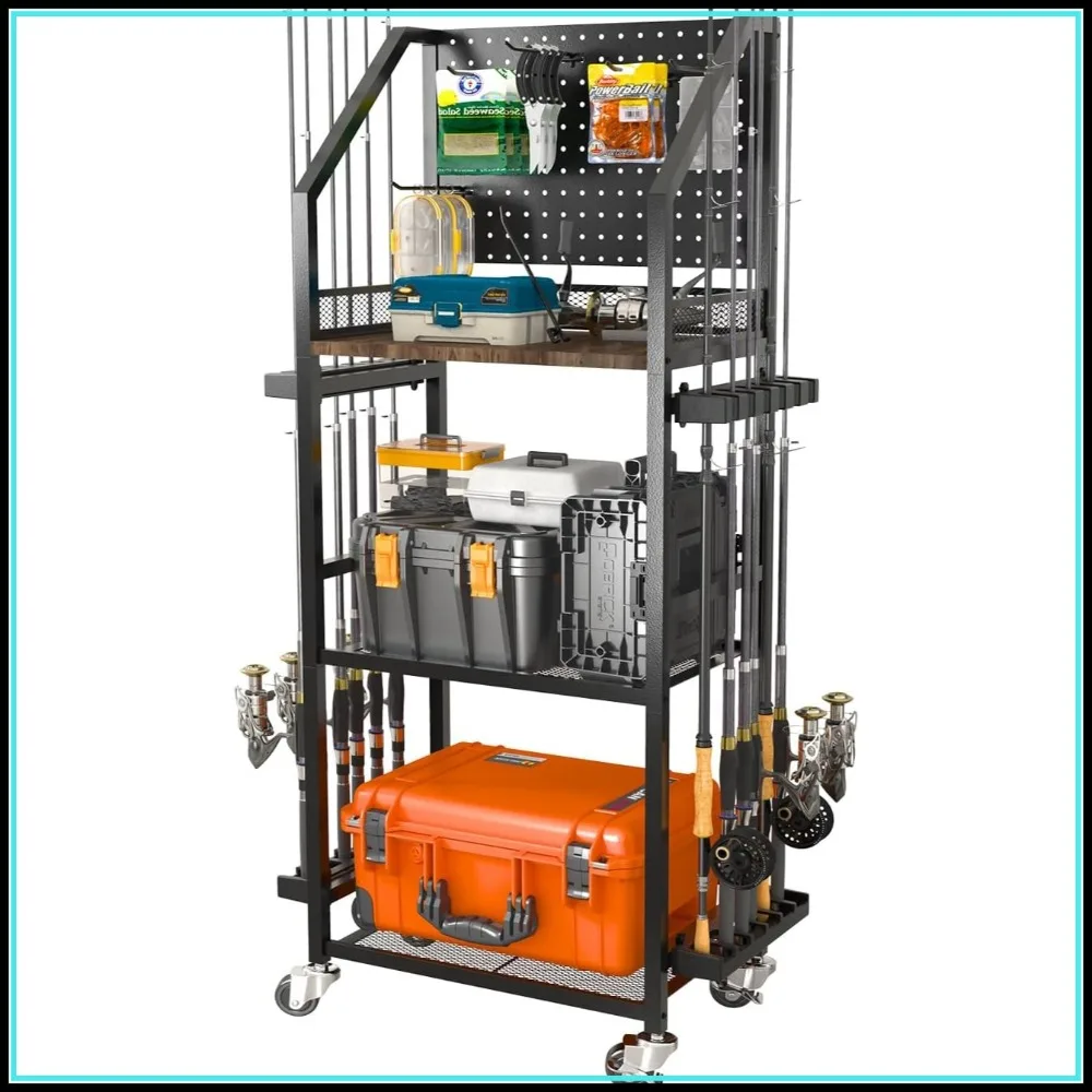 

Fishing Rod Holders for Garage, Up to 12 Rods with Pegboard and Hooks, Rolling Cart with Wheels for Tackle Storage