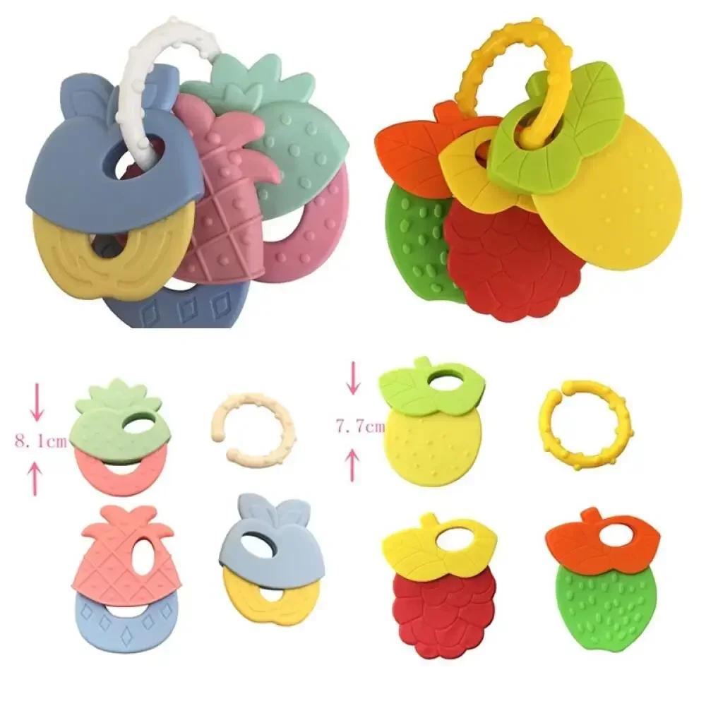 1 stücke Drei-in-one baby beißring obst form infant silikon beißring molaren zähne fixierer rassel beißring praktisches geschenk