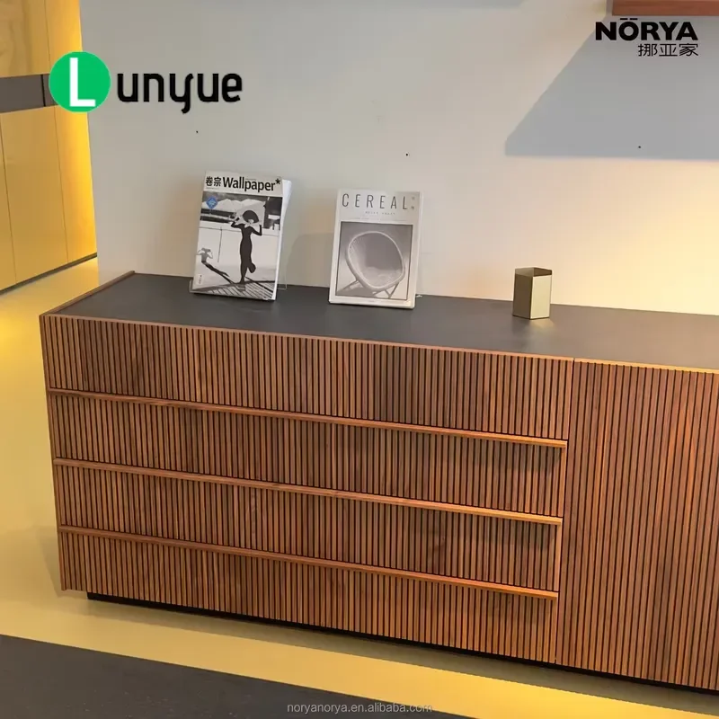 Modern Walnut Side Cabinet with HPL Top 4 Drawers 2 Doors Storage Furniture for Living Room Durable Wood Grain Design Home