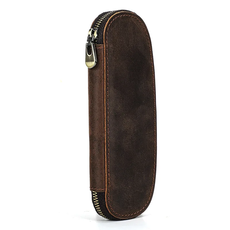 

Vintage Crazy Horse Leather Pen Case Handmade Oval Zipper Portable Convenient Pen Box