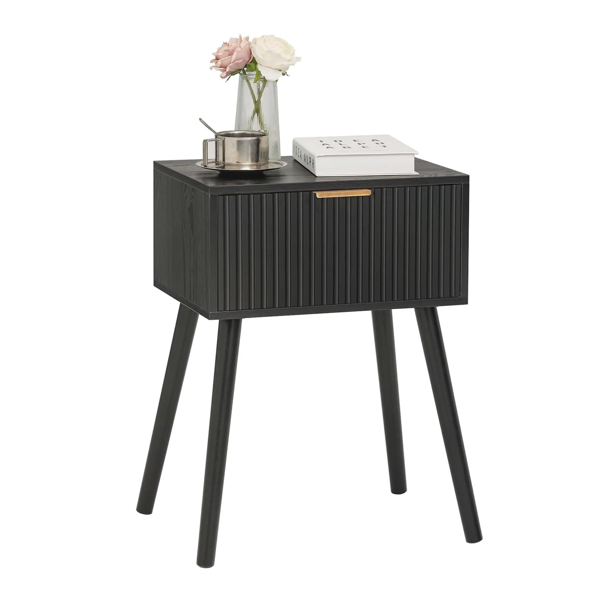 

Black Modern Nightstand With Vertical Groove Drawer And Tapered Legs For Bedroom Or Living Room