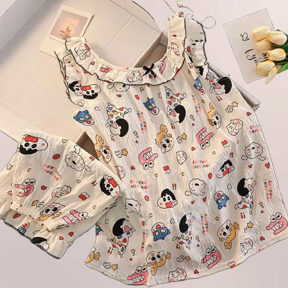 Cartoon Crayon Shin-Chan Pajamas for Women Summer Cute Ruffle Sleeve Square Neck Tops Shorts 2 Piece Thin Women's Loungewear