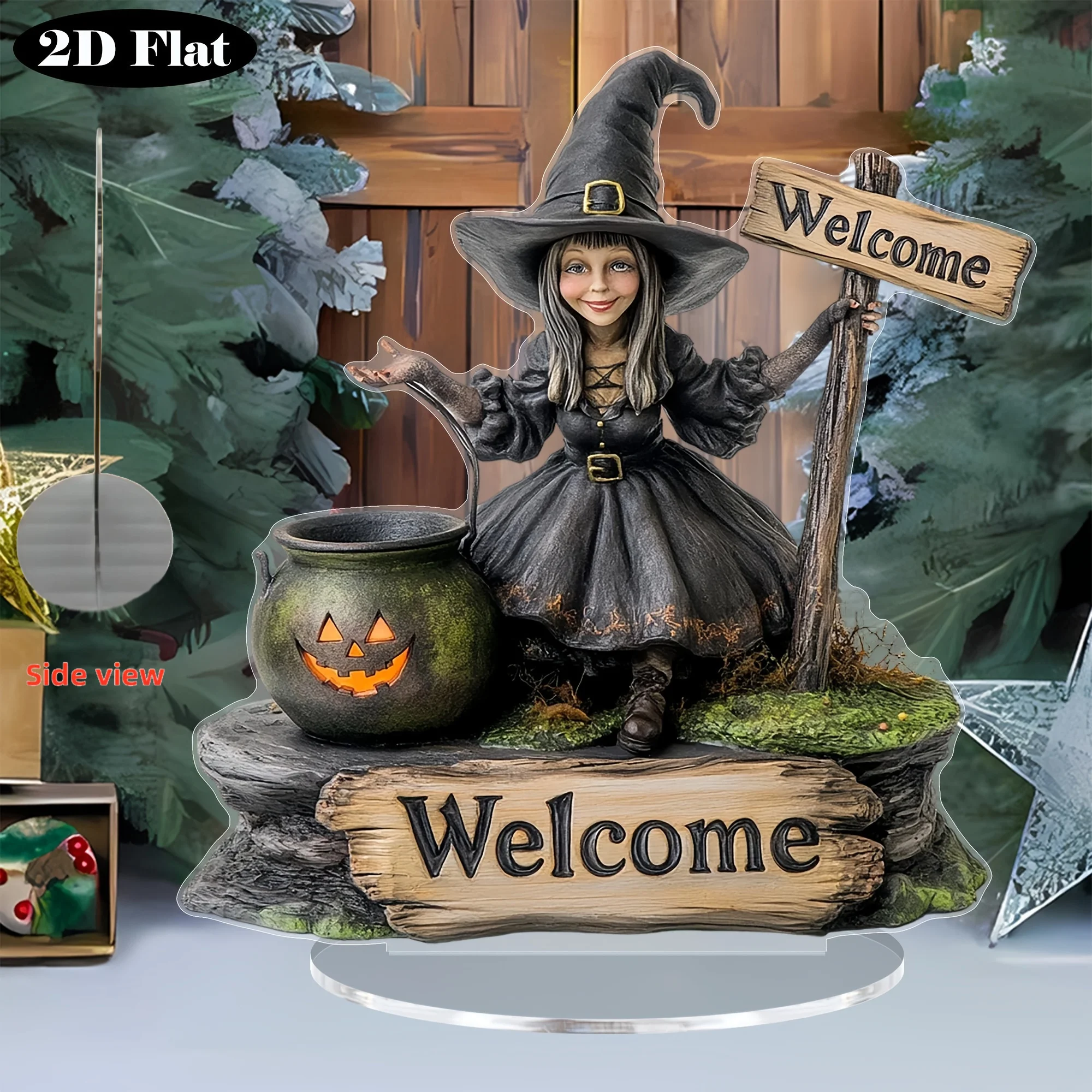 Halloween Witch Welcome Acrylic Stand 2D Flat Printed Desktop Ornament Pumpkin Cauldron Tabletop Display Holiday Home Decoration