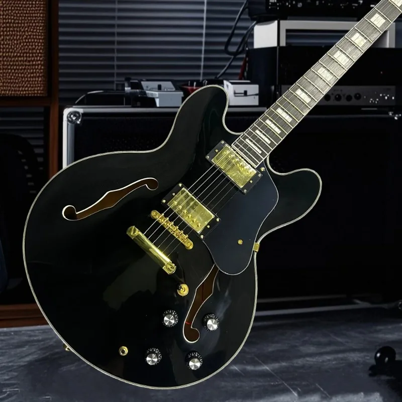6 سلسلة سوداء شبه جوفاء الغيتار الكهربائي شحن مجاني مابل الجسم HH لاقط الأجهزة الذهبية المنزل الغناء على طول مع #1