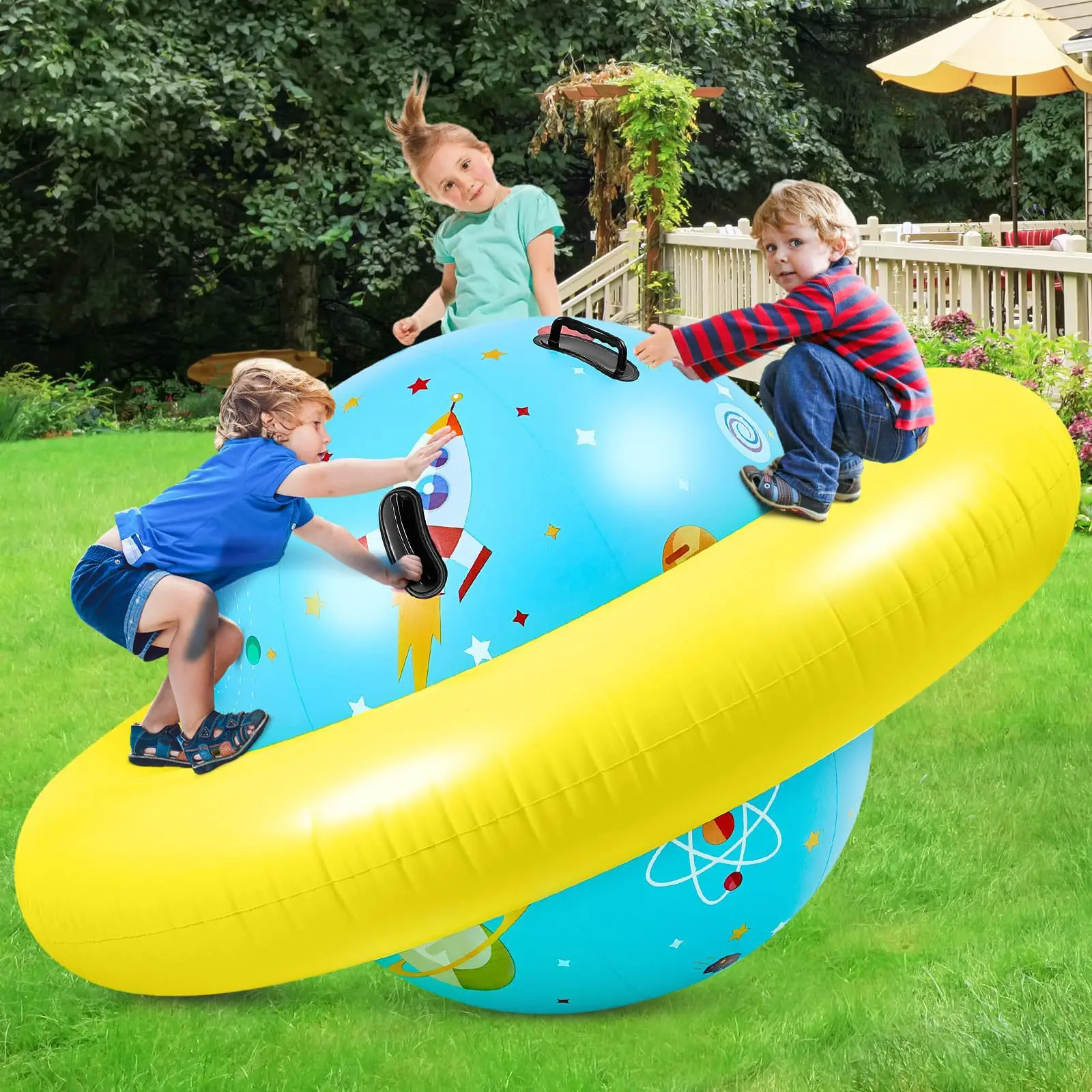 Factory Supply Children's Inflatable Outdoor Trampoline Rocking Chair Inflatable Planet Grass Multi-player Shaker Roller Swing