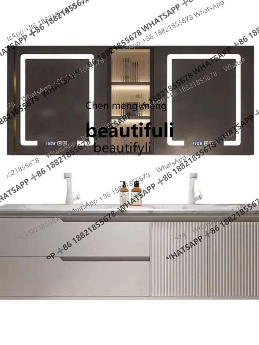 X Q Stone Plate Hot Bending Integrated Double Basin Bathroom Cabinet Bathroom Table Oak Washbasin Cabinet
