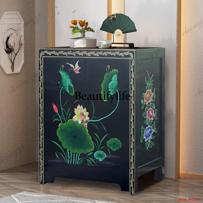 AB03  New Chinese solid wood, modern minimalist creative painting, bedroom bedside storage cabinet