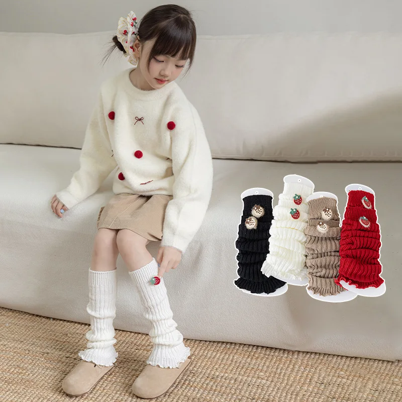 New Girls Cute Strawberry Knitted Retro Stacked Socks Fashion Girls's Leg Warmers Thickened INS Lolita Mid-Calf Sock for Girls
