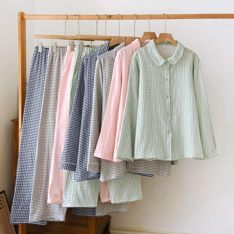 Skin-Friendly Pure Cotton Gauze Couple's Pajamas, Soft Breathable Gingham Long Sleeve & Pants Set with Rounded Collar Loungewear