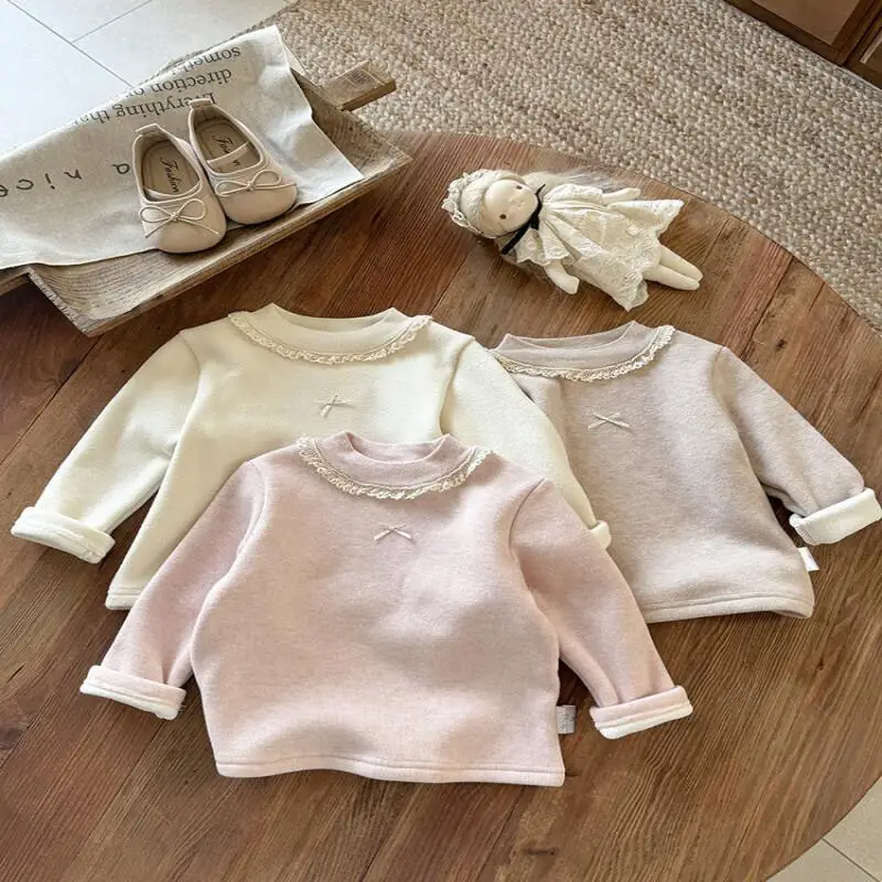 

Baby Girls Warm Base Layer Autumn Winter Solid Color Long Sleeved Tops Round Neck Pullover Comfortable Children Clothing 1-3Y