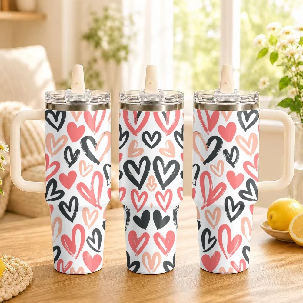Hand Draw Love Vacuum Flasks 40oz Thermal Tumbler with Handle Stainless Steel Vacuum Insulated Leak Proof Travel Mug