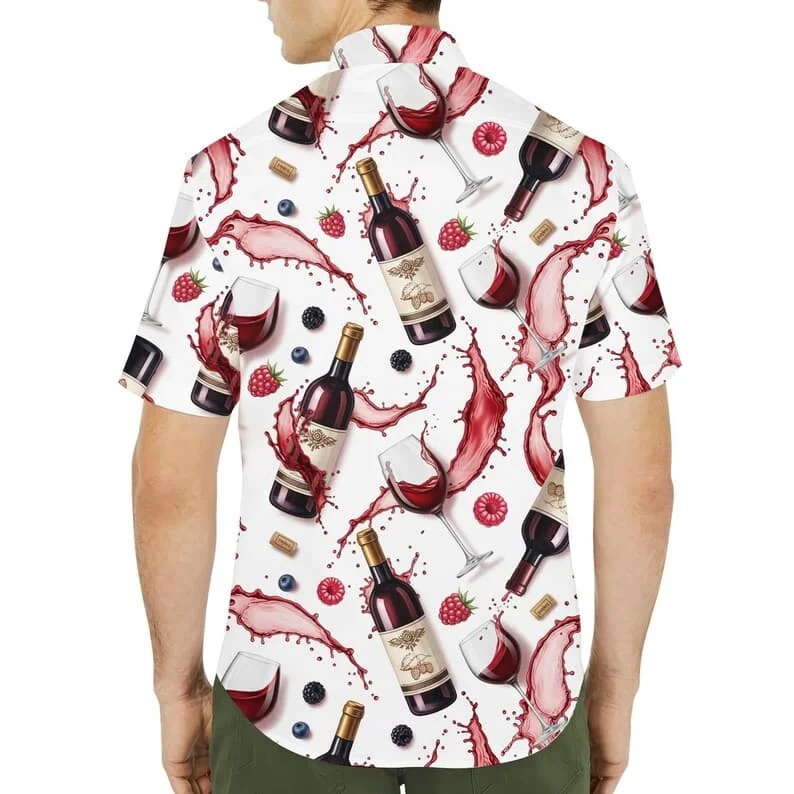 Vintage Red Wine Glass Printed Shirt Men's and Women's Bar Button Shirt Summer Fashion Casual Party Loose Shirt Y2k