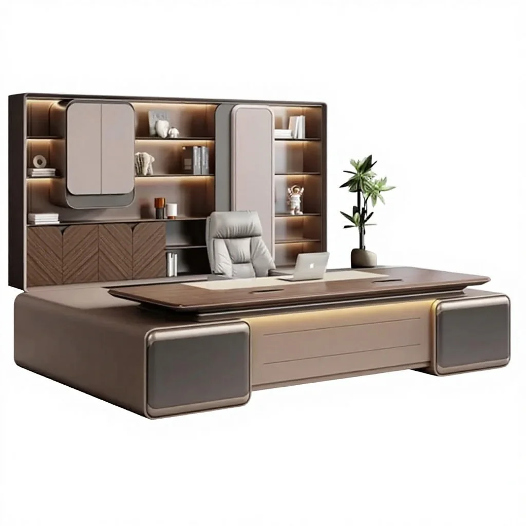 

cl-Wooden Light Luxury Style Office Desk Chair Set with Panel Design Adjustable Height Cabinet Door-to-Door Installation*